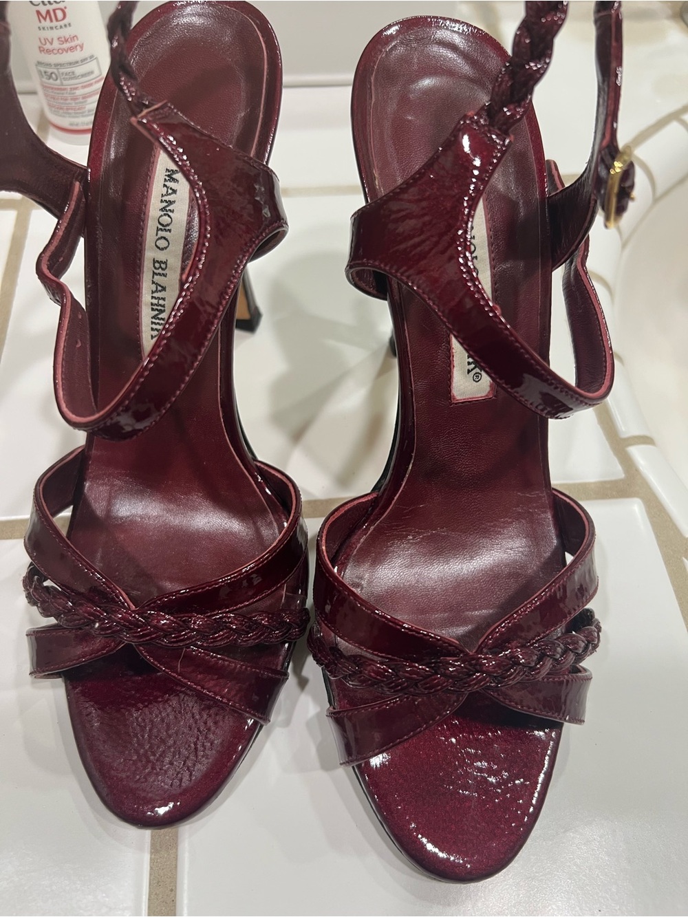 Manolo Blahnik Burgundy Patent Leather Braided Strap Slingback Heels